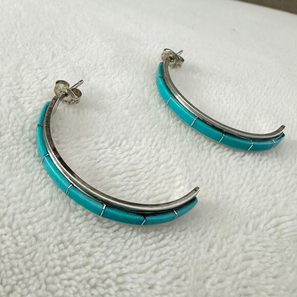 Vintage LM 925 Sterling Silver Turquoise Inlay Earrings - Picture 1 of 5